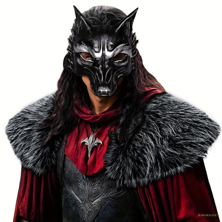 Halloween Faux Fur Shawl and Wolf Mask Set, Men's Faux Fur Collar, Werewolf Dress Up Mask, Masquerade Cosplay Party Costume, Performance Props