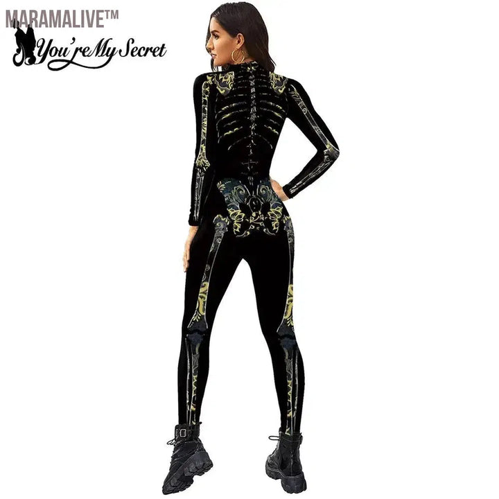 Halloween Goth Skeleton Printed Bodysuit Death Rose Butterfly Tights Black Jumpwear Long Sleeves Catsuit