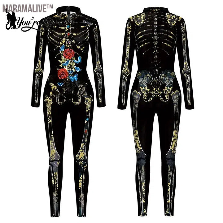 Halloween Goth Skeleton Printed Bodysuit Death Rose Butterfly Tights Black Jumpwear Long Sleeves Catsuit