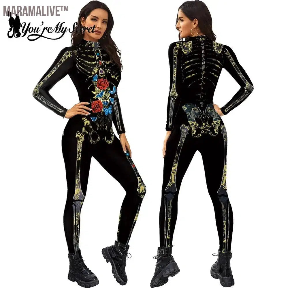 Halloween Goth Skeleton Printed Bodysuit Death Rose Butterfly Tights Black Jumpwear Long Sleeves Catsuit