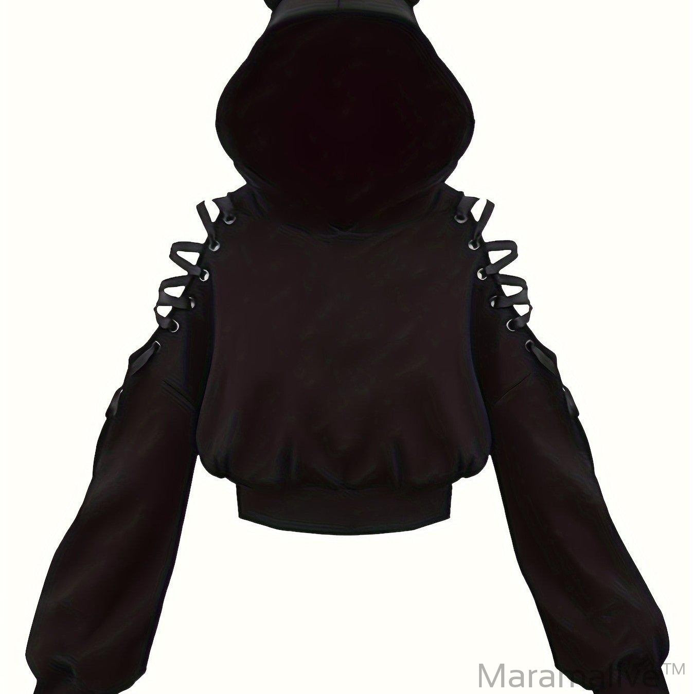 Halloween Gothic Cat Ear Hoodie, Cosplay Crop Sweatshirt, Women's Clothing