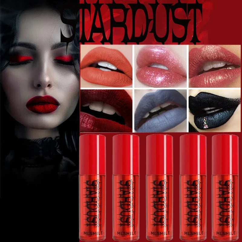 Halloween Gothic Mystery Lipstick: Matte Velvet Black & Dark Red Shimmer Lip Tint Non-Stick Cup Lasting Makeup