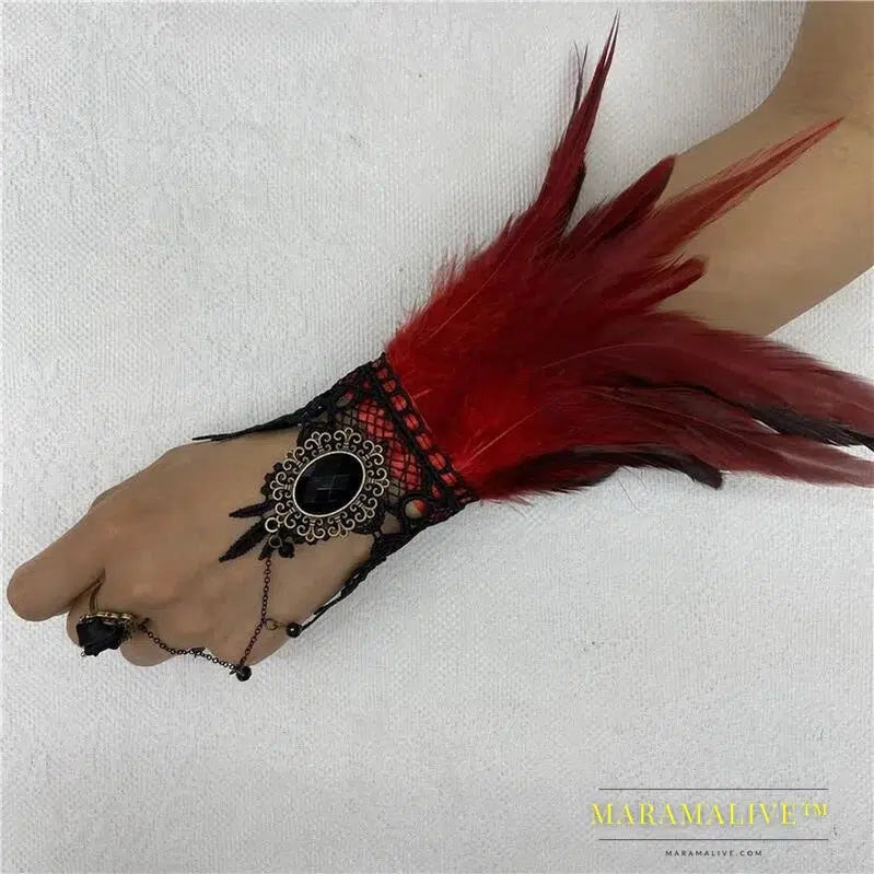 Halloween One Feather Lace Glove Fingerless Goth Steampunk Vintage e