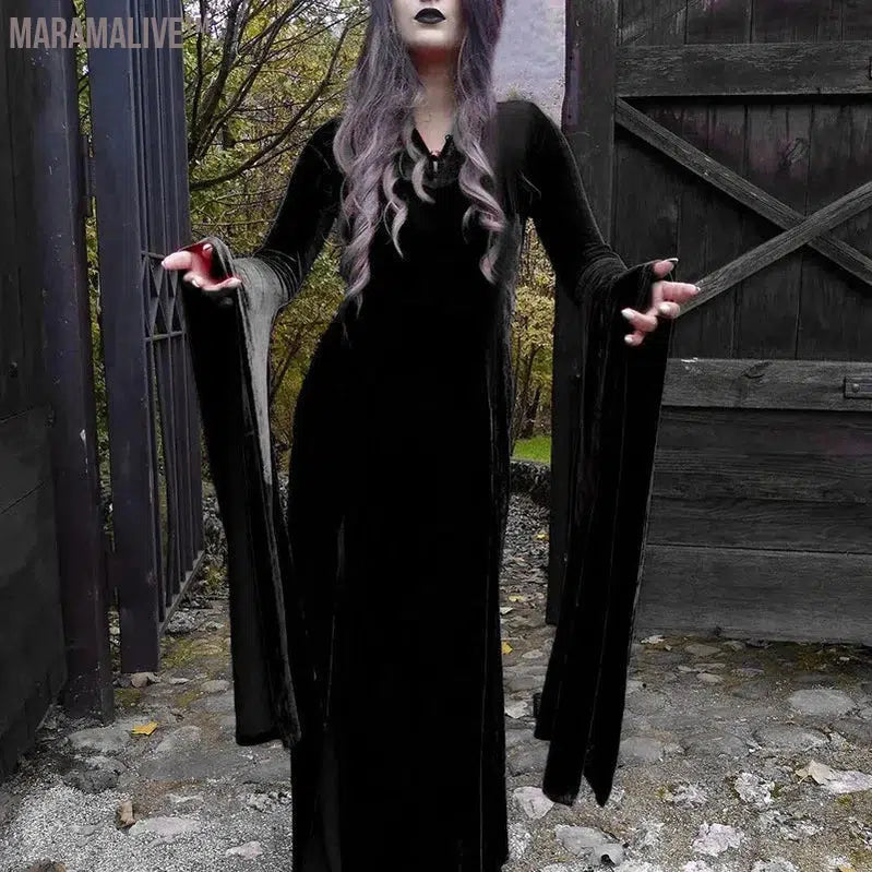 Halloween Party Long Dress Black High Waist Flared Sleeve Lace Cutout Gothic Maxi Dress Street Aesthetic Maxi Dress