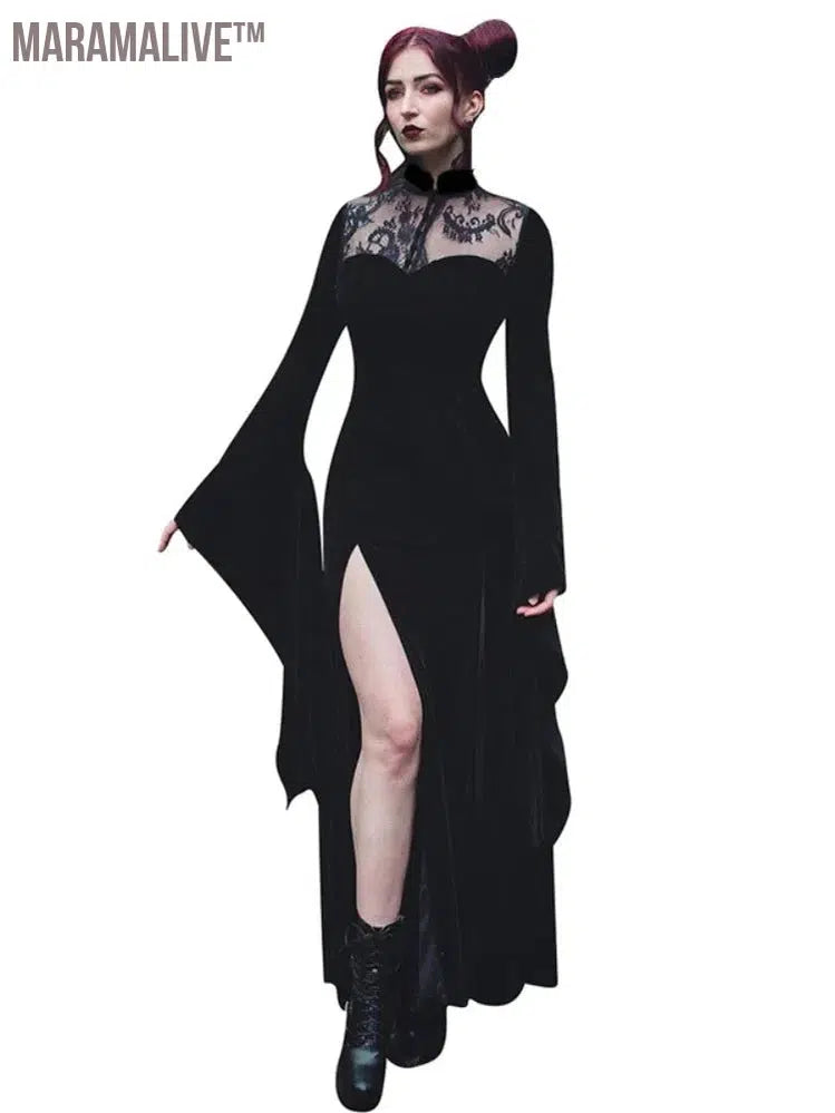 Halloween Party Long Dress Black High Waist Flared Sleeve Lace Cutout Gothic Maxi Dress Street Aesthetic Maxi Dress