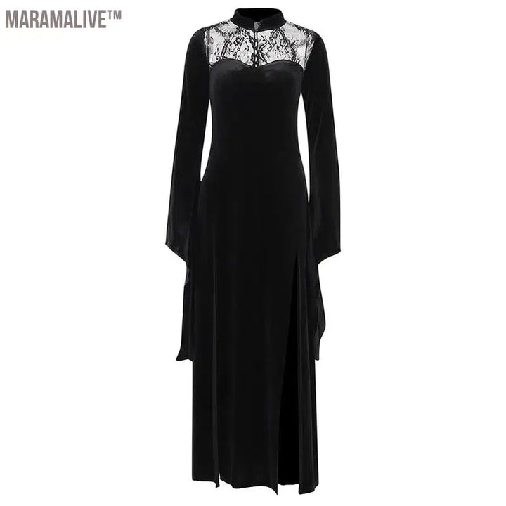 Halloween Party Long Dress Black High Waist Flared Sleeve Lace Cutout Gothic Maxi Dress Street Aesthetic Maxi Dress