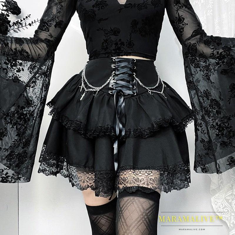 Halloween Party Style Slim Chain Cross Double Layer Gothic Skirt Women