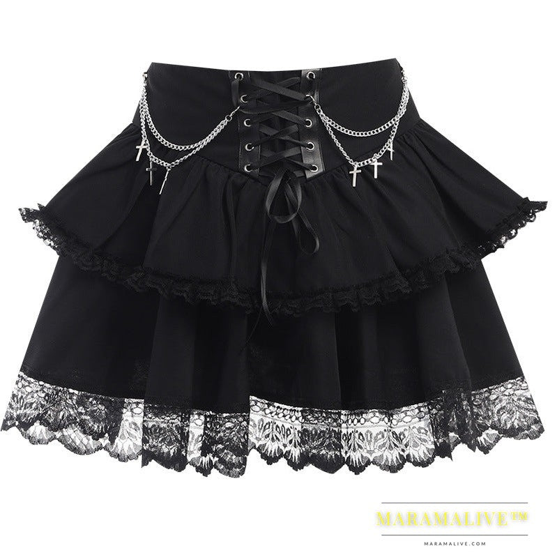 Halloween Party Style Slim Chain Cross Double Layer Gothic Skirt Women