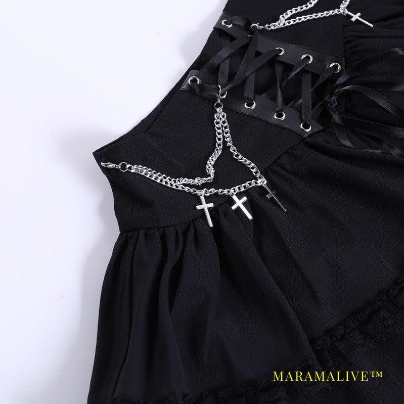 Halloween Party Style Slim Chain Cross Double Layer Gothic Skirt Women