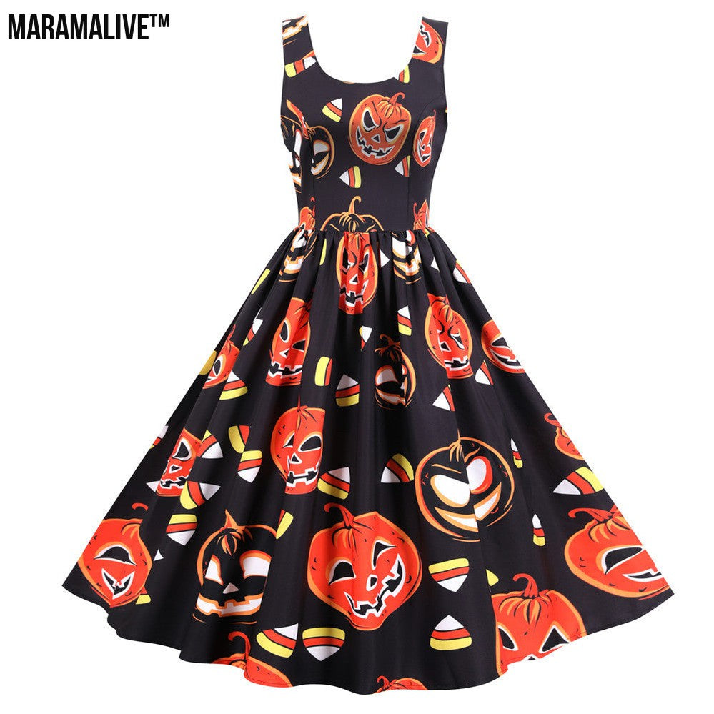 Halloween Rock And Roll Sleeveless Floral Dresses