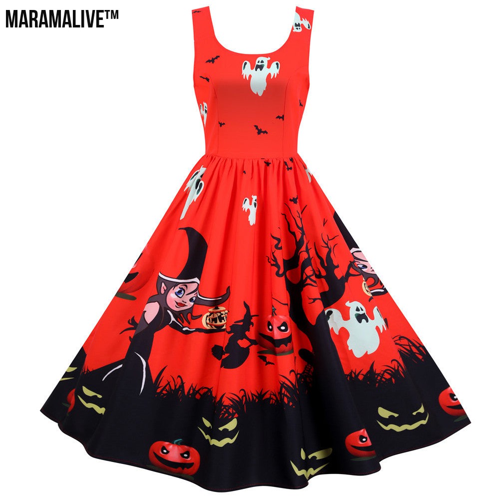 Halloween Rock And Roll Sleeveless Floral Dresses