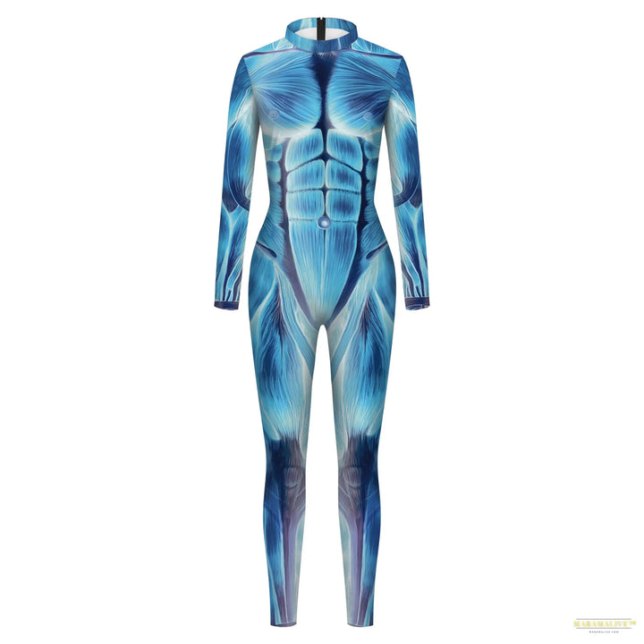 Halloween Scary Cosplay Women Men 3D Muscle Printed Jumpsuit Party Carnival Scary Costume Funny Slim Bodysuit