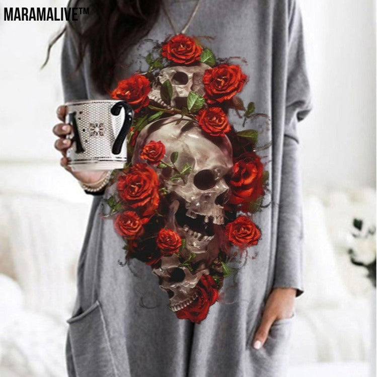 Halloween Skull Rose Print Pattern Long Sleeve