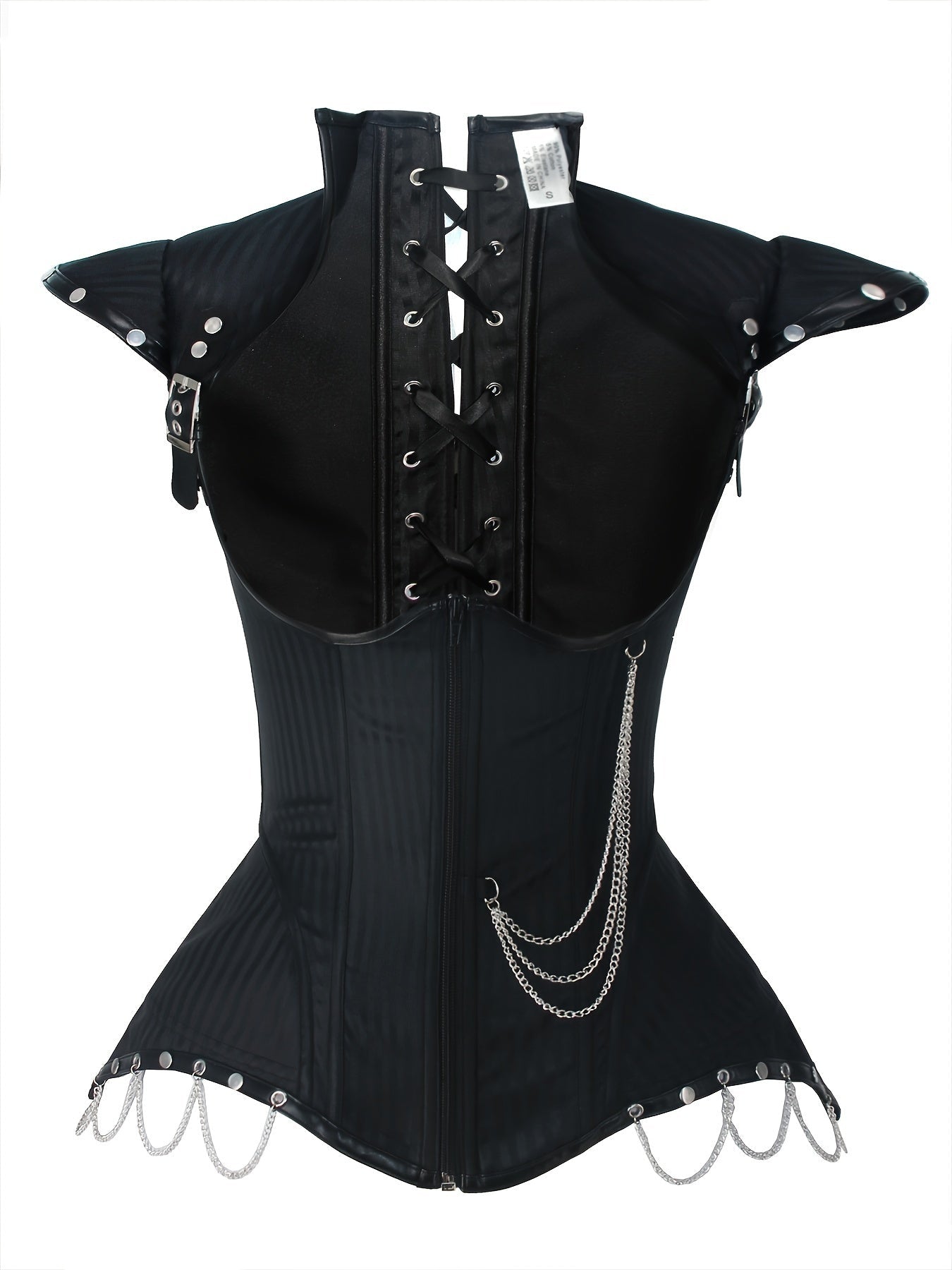 Halloween Studded Decor Metal Chain Corset, Steampunk Gothic Buckle Detail Lace Up Cap Sleeve Waist Sculpting Bustier, Women's Clothing