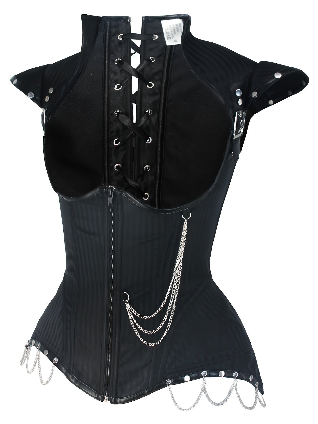 Halloween Studded Decor Metal Chain Corset, Steampunk Gothic Buckle Detail Lace Up Cap Sleeve Waist Sculpting Bustier, Women's Clothing