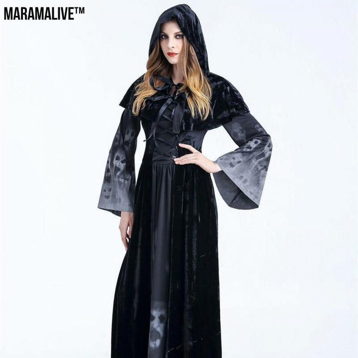 Halloween Women Medieval Gothic Witch Maleficent Horror Scary Cosplay Costume Carnival Party Ghost Long Black Hooded Dress