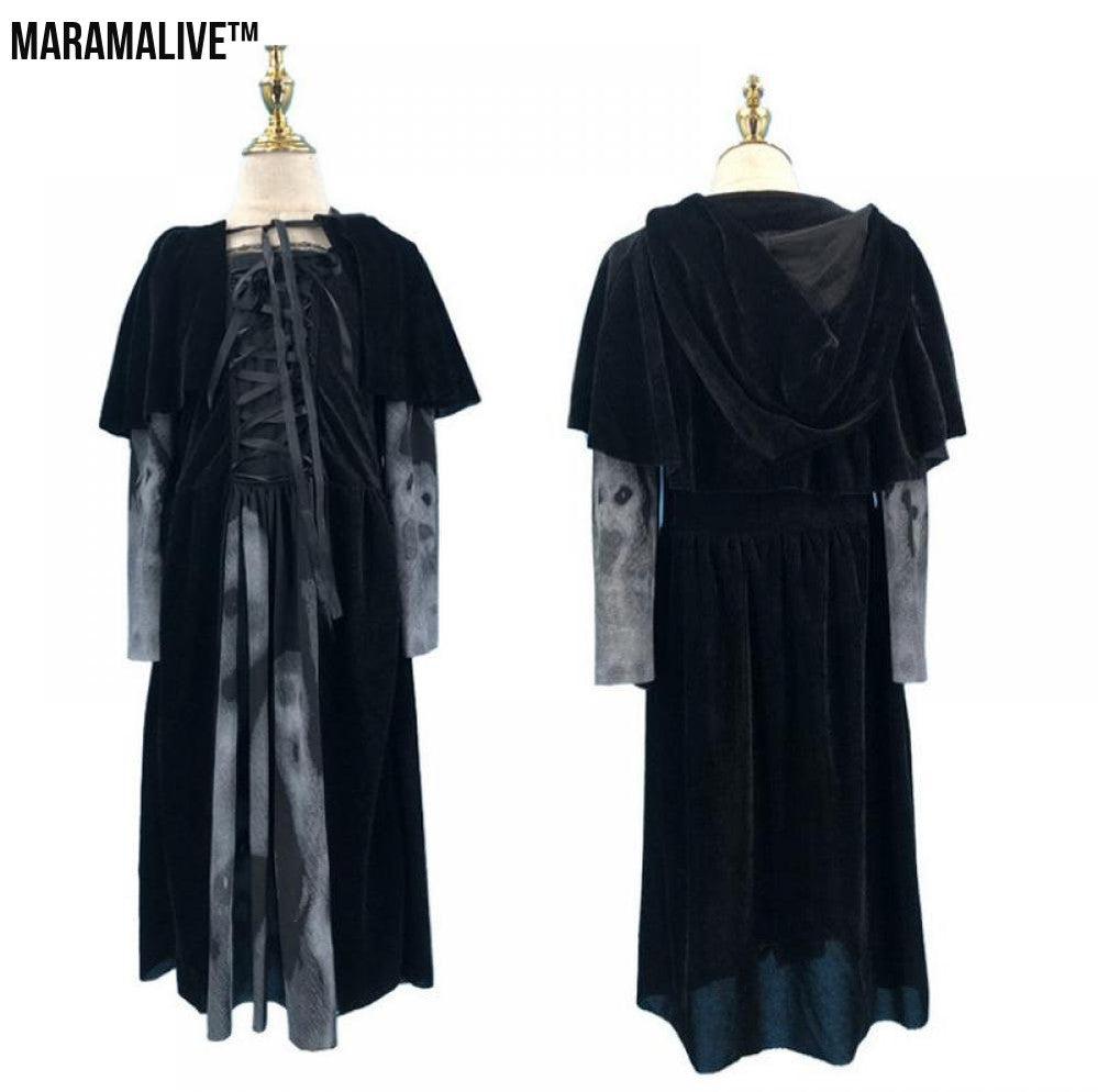 Halloween Women Medieval Gothic Witch Maleficent Horror Scary Cosplay Costume Carnival Party Ghost Long Black Hooded Dress