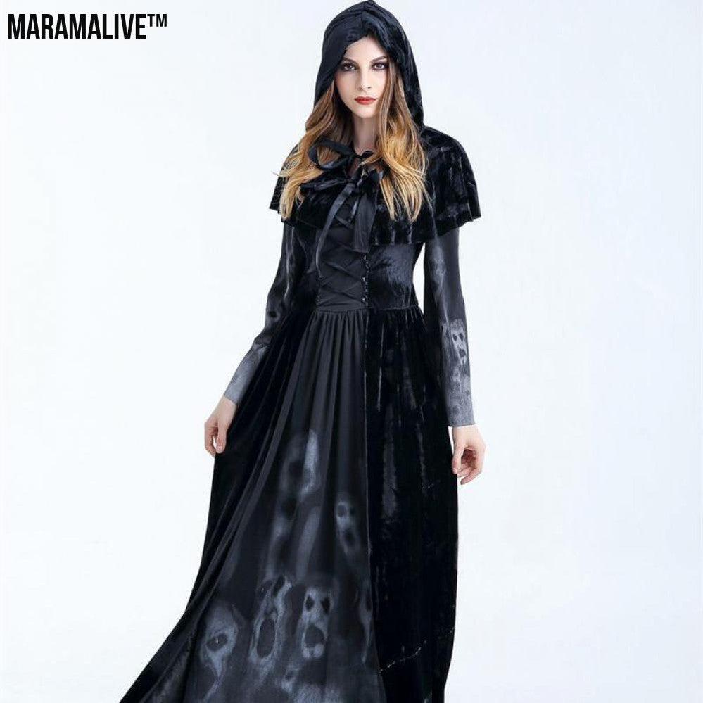 Halloween Women Medieval Gothic Witch Maleficent Horror Scary Cosplay Costume Carnival Party Ghost Long Black Hooded Dress