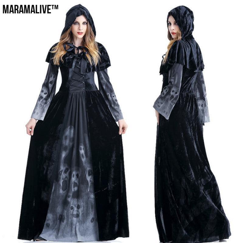 Halloween Women Medieval Gothic Witch Maleficent Horror Scary Cosplay Costume Carnival Party Ghost Long Black Hooded Dress