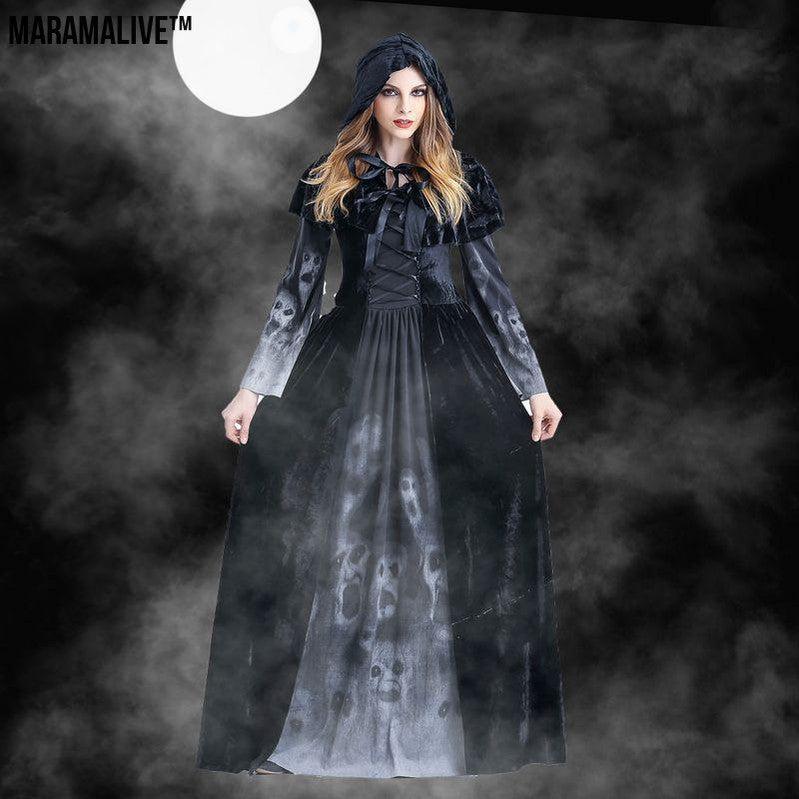 Halloween Women Medieval Gothic Witch Maleficent Horror Scary Cosplay Costume Carnival Party Ghost Long Black Hooded Dress