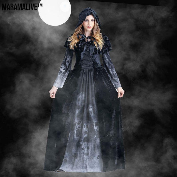 Halloween Women Medieval Gothic Witch Maleficent Horror Scary Cosplay Costume Carnival Party Ghost Long Black Hooded Dress