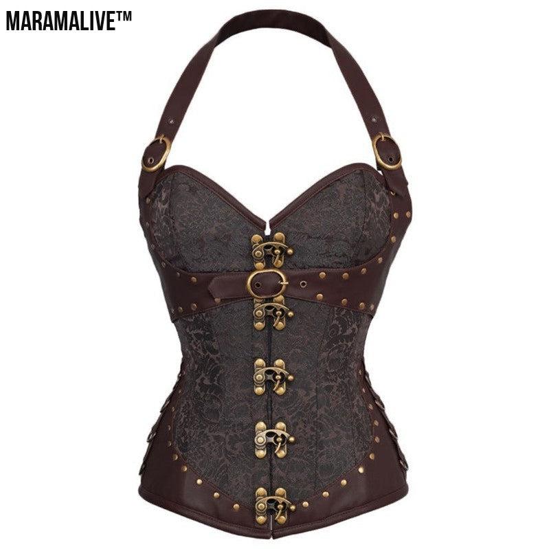 Halter Neck Gothic Corset - Strapped Steampunk Bustier with Metal