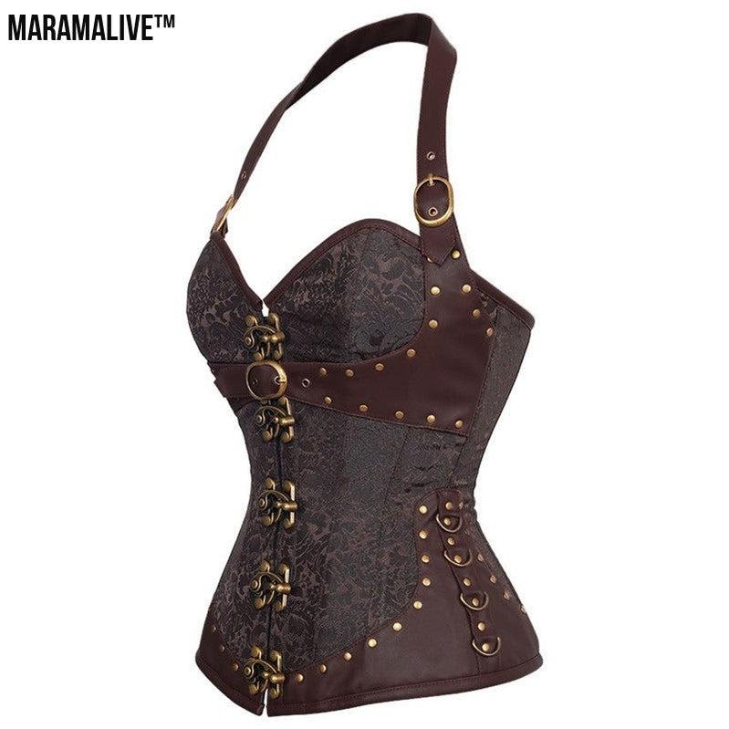 Halter Neck Gothic Corset - Strapped Steampunk Bustier with Metal