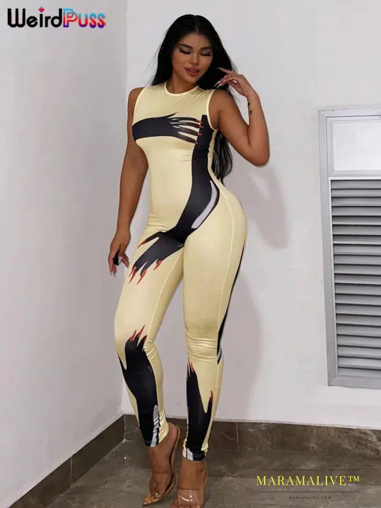 Hand Print Women Jumpsuits Sleeveless Round Neck One Pieces Ladies Streetwear Y2K Party Causal Zipper Slim Playsuit