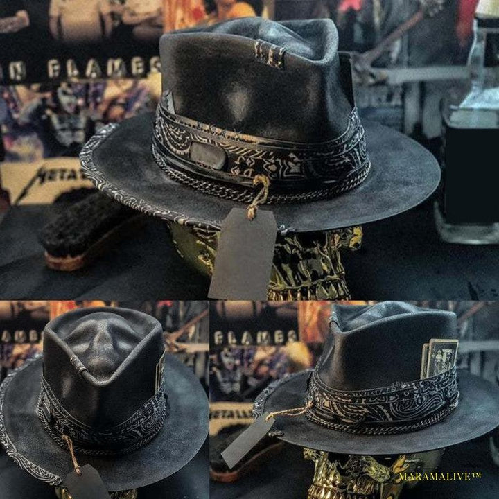 Handcrafted Gothic Halloween Cowboy Hat with Unique Skull Detailing - Trendy Western Headgear