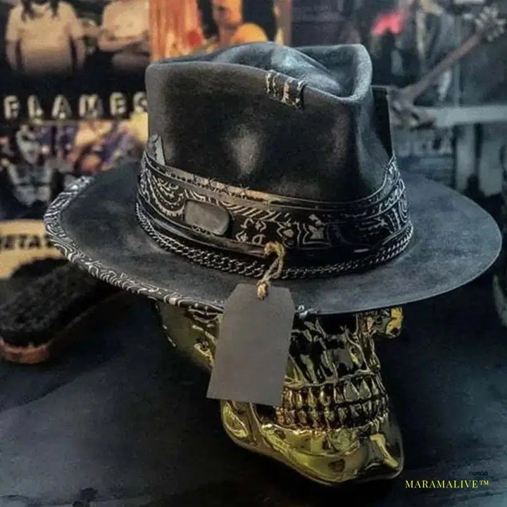 Handcrafted Gothic Halloween Cowboy Hat with Unique Skull Detailing - Trendy Western Headgear