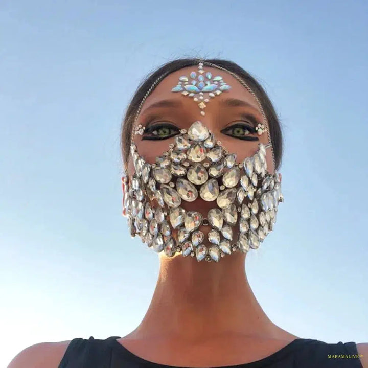 Handmade Halloween Big Crystal Full Face Mask Jewelry Statement Face Accessories for Women Rhinestone Bling Masks Decoration