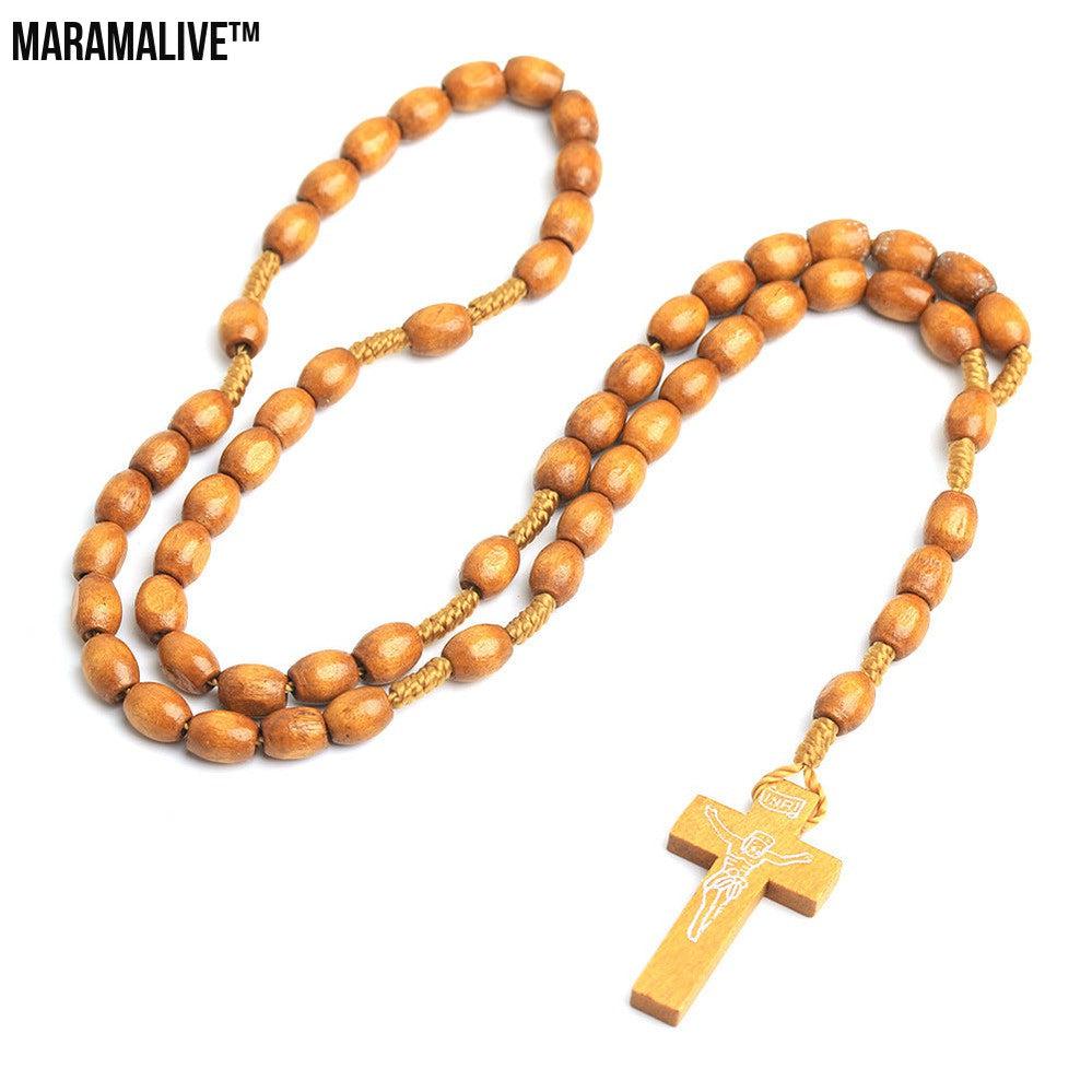 Handmade Natural Wooden Beads Cross Necklace