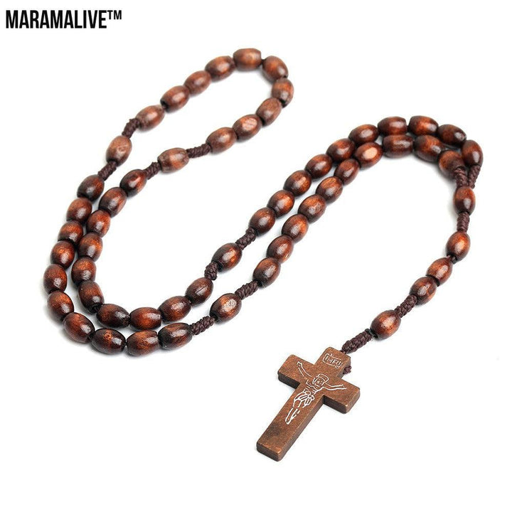 Handmade Natural Wooden Beads Cross Necklace