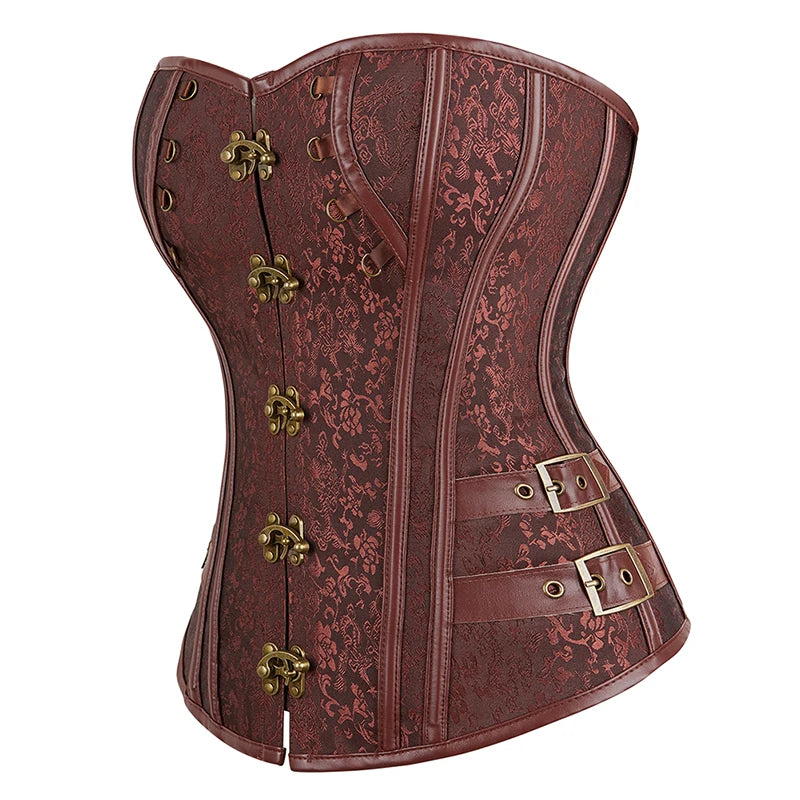 Handmade Steampunk Jacquard Faux Leather Overbust Brown Corset Bustier - Vintage Victorian Gothic Fashion