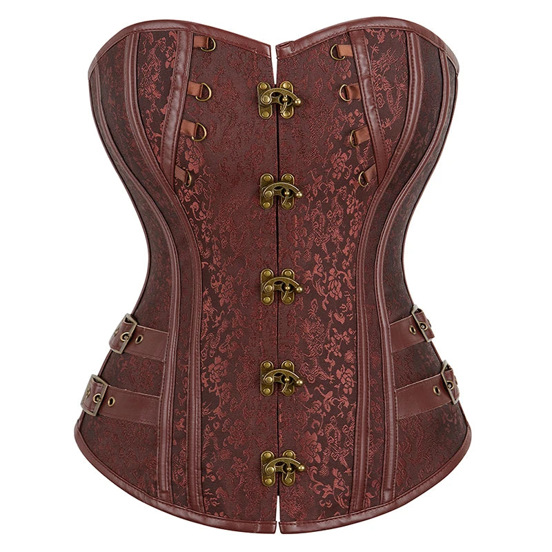 Handmade Steampunk Jacquard Faux Leather Overbust Brown Corset Bustier - Vintage Victorian Gothic Fashion