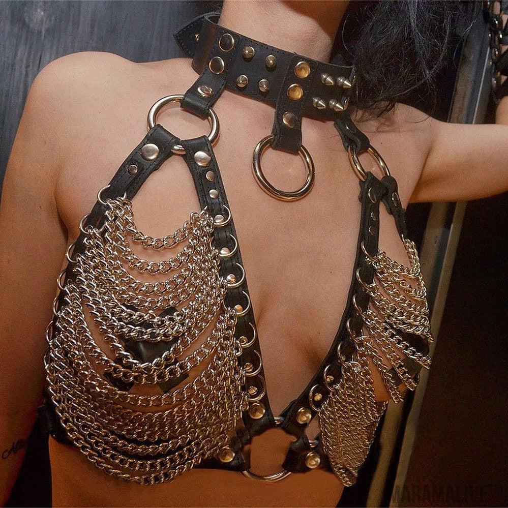 Handsome Lady Studded Punk Collar Belt Nightclub Sexy Metal Chain Strap Punk PU Harness