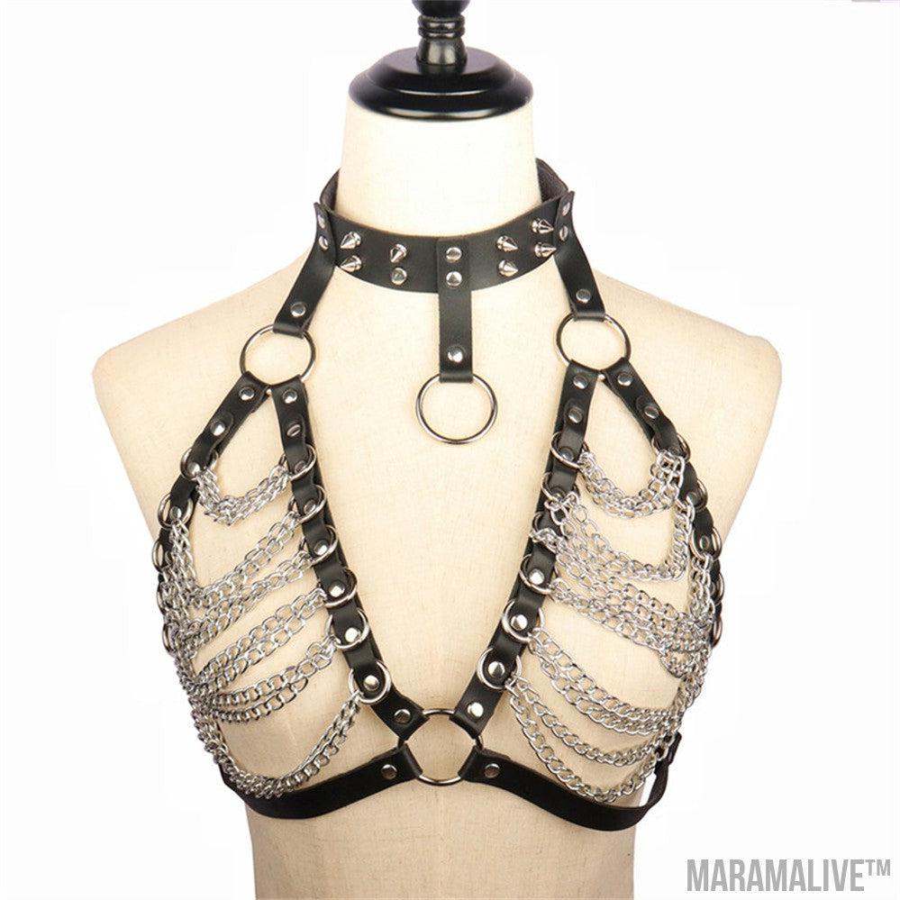 Handsome Lady Studded Punk Collar Belt Nightclub Sexy Metal Chain Strap Punk PU Harness