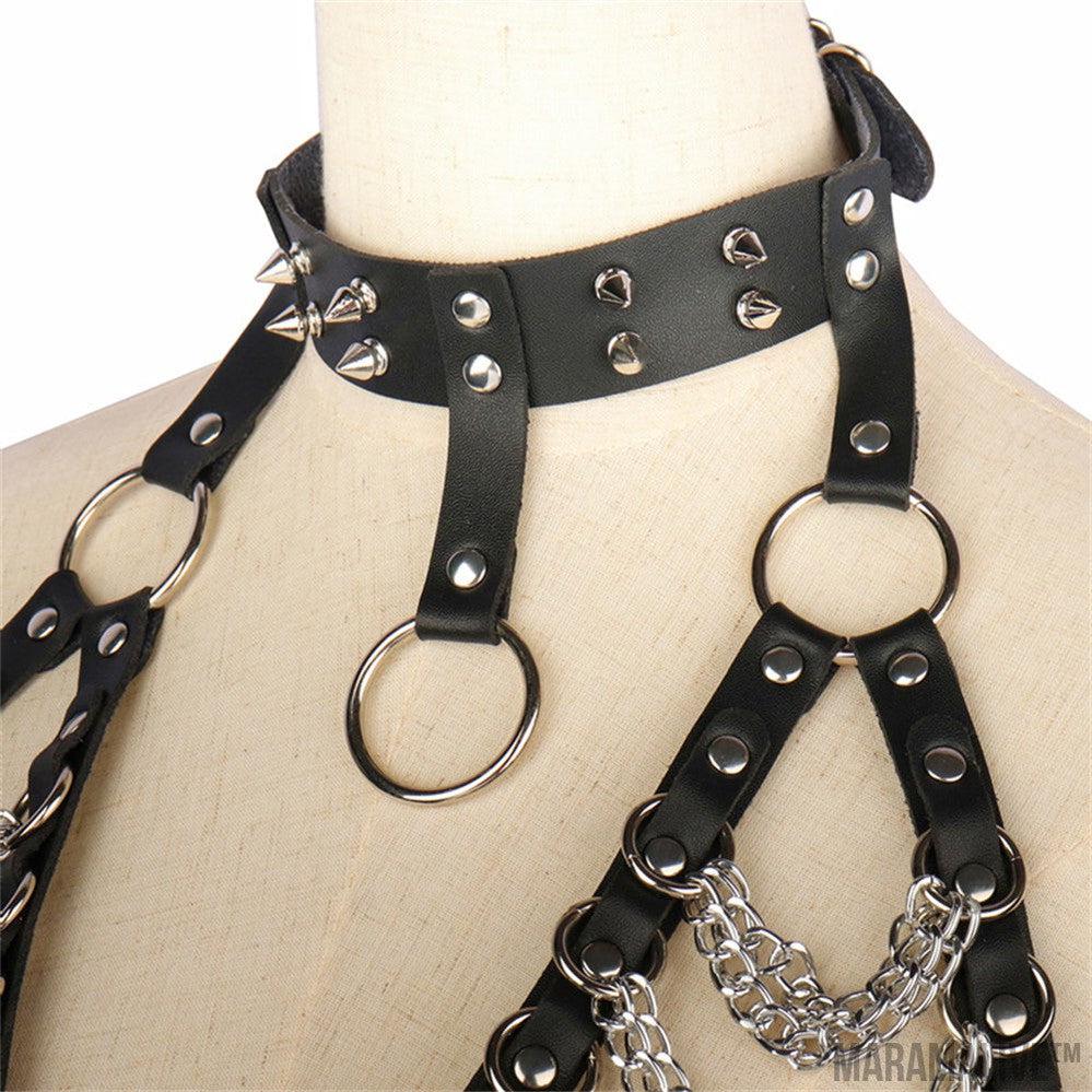 Handsome Lady Studded Punk Collar Belt Nightclub Sexy Metal Chain Strap Punk PU Harness