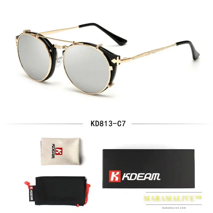 Happy Clip On Sunglasses Men Removable Round Glasses Steampunk Women Carve Design Sunglass With Brand Box