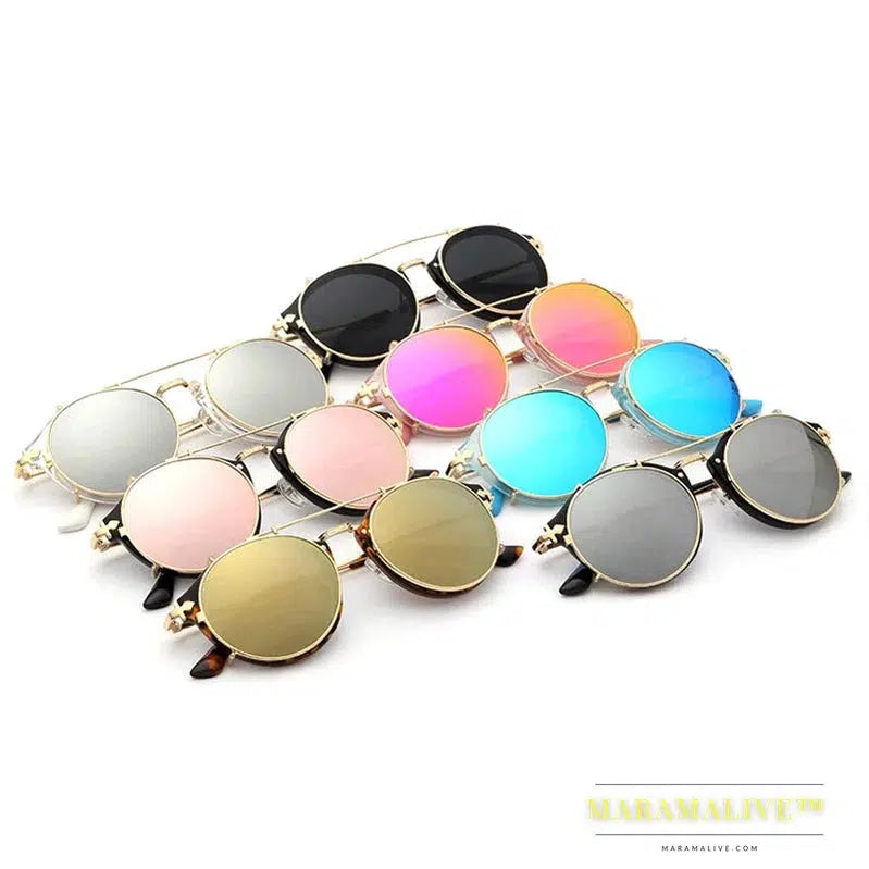 Happy Clip On Sunglasses Men Removable Round Glasses Steampunk Women Carve Design Sunglass With Brand Box