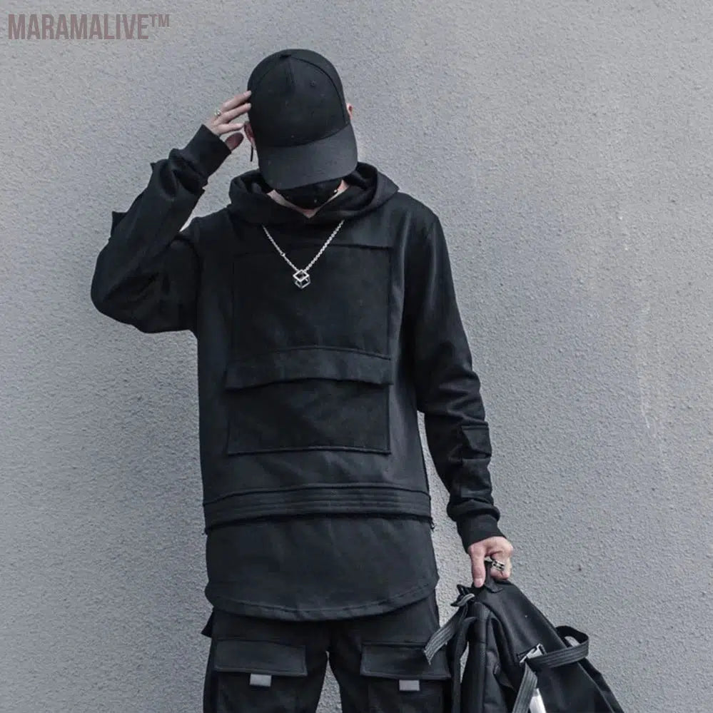 Harajuku Patchwork Pullover Hoodie Men Hip Hop Streetwear Techwear Hoodies Sweatshirts Cotton Tops Black Spring Tracksuit