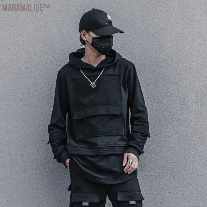 Harajuku Patchwork Pullover Hoodie Men Hip Hop Streetwear Techwear Hoodies Sweatshirts Cotton Tops Black Spring Tracksuit