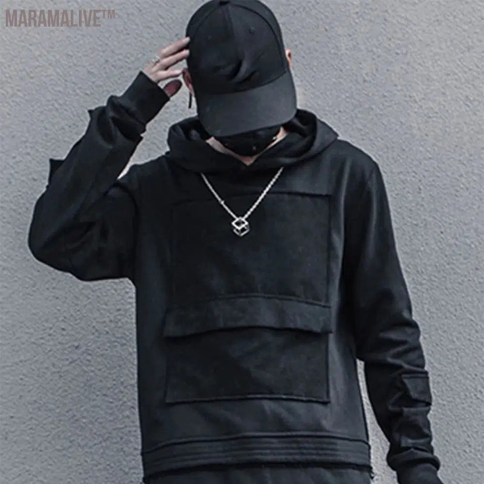 Harajuku Patchwork Pullover Hoodie Men Hip Hop Streetwear Techwear Hoodies Sweatshirts Cotton Tops Black Spring Tracksuit