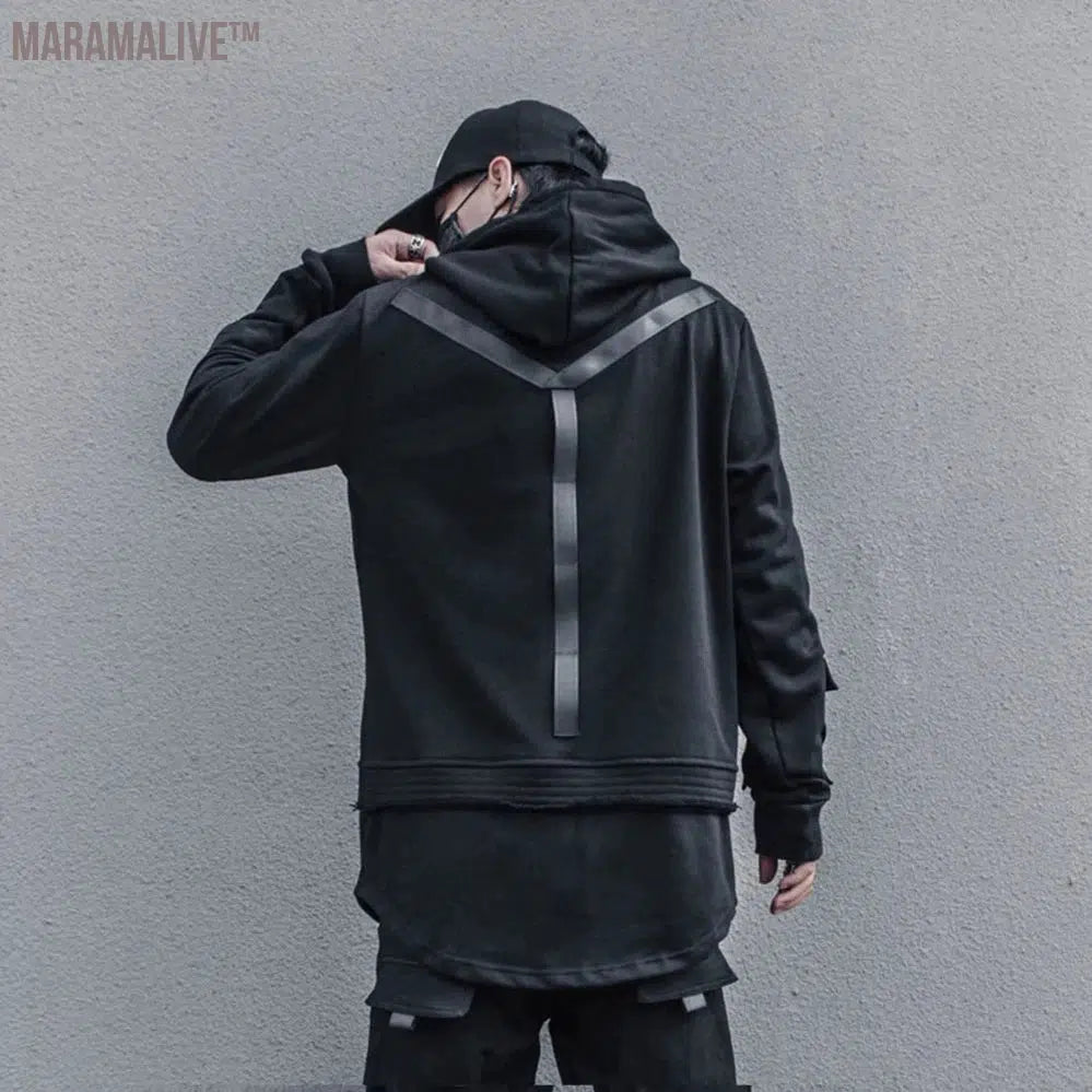 Harajuku Patchwork Pullover Hoodie Men Hip Hop Streetwear Techwear Hoodies Sweatshirts Cotton Tops Black Spring Tracksuit