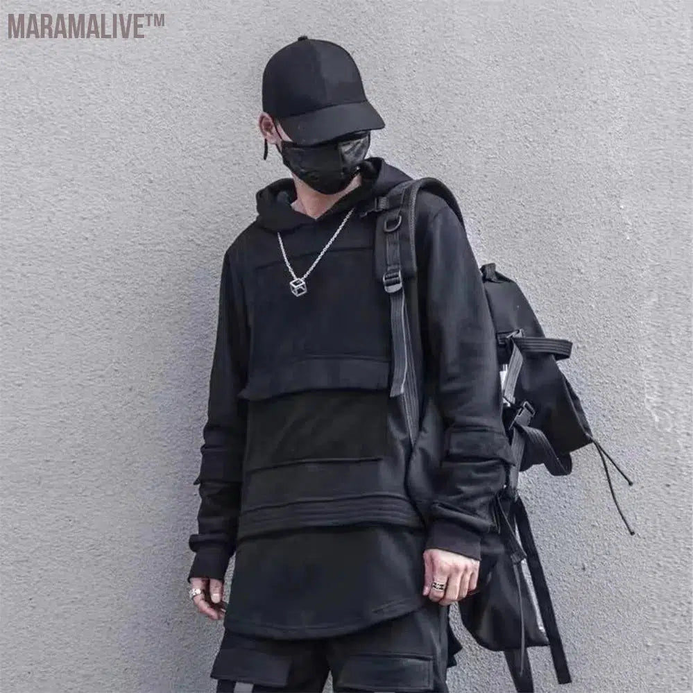 Harajuku Patchwork Pullover Hoodie Men Hip Hop Streetwear Techwear Hoodies Sweatshirts Cotton Tops Black Spring Tracksuit