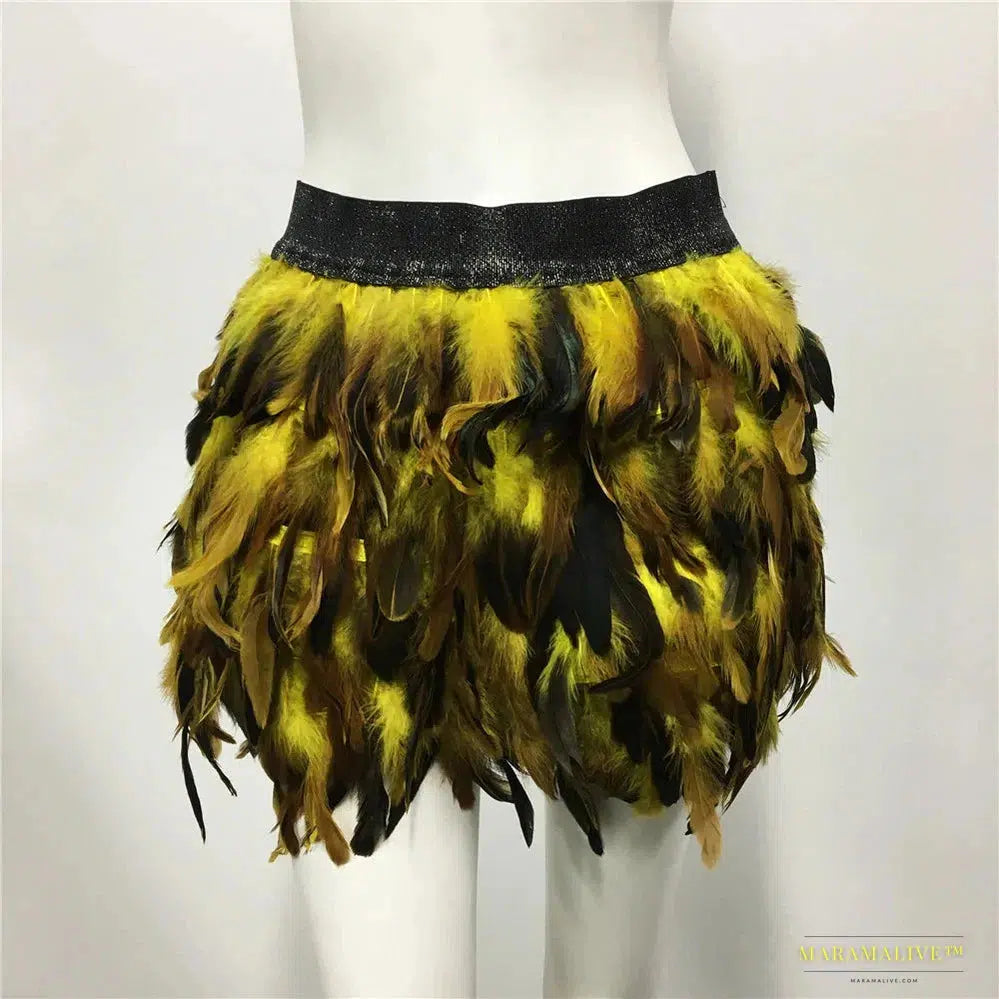 Harajuku Style Fluffy Feather Burning Festival Rave Skirts Elastic Waist Carnival Nightclub Outfit Women Mini Skirts Plus Size