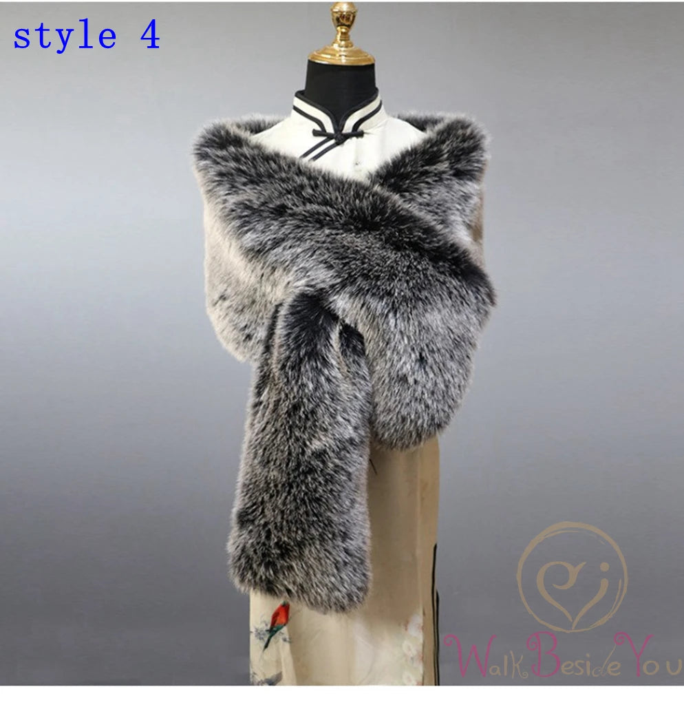 "Mannequin showcases elegant faux fur cape. Grey