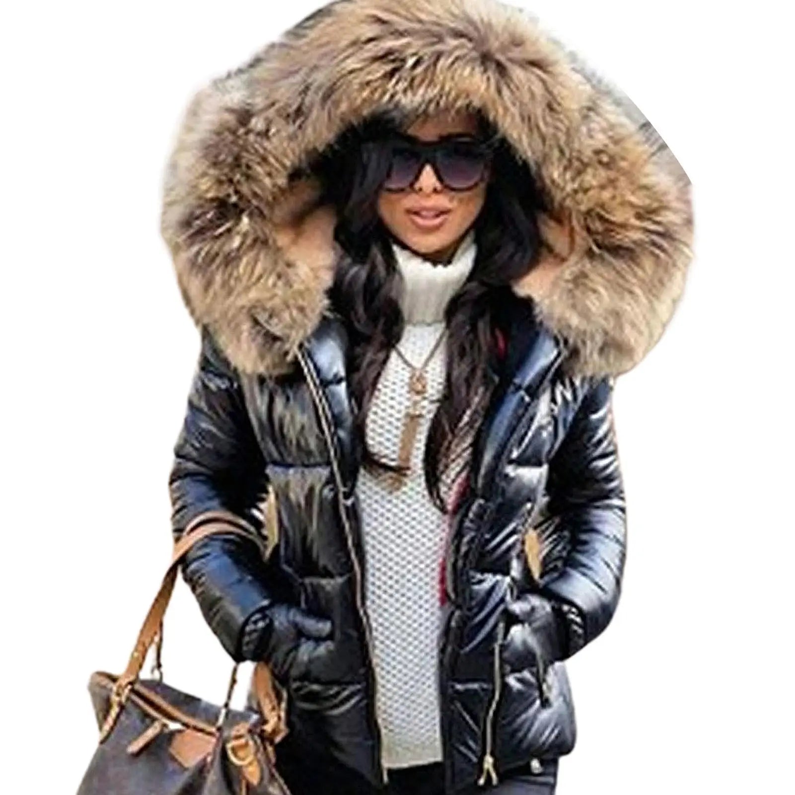 Loose Jacket Women Autumn Winter Faux Fur Hood Zipper Warm Down Coat Outdoor Parka Outerwear Short Jacket