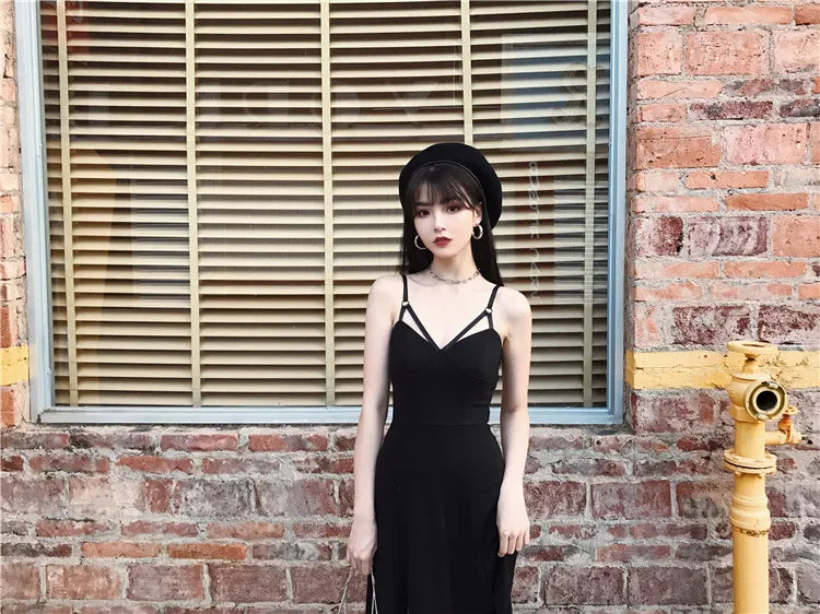 Punk Gothic Women Black Sexy Deep V-neck Dress Summer Elegant Fashion Dark Halter High Waist Split Dresses