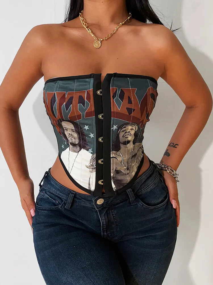 Grunge Punk Portrait Print Black Camis Streetwear Sleeveless Backless Tube Hidden Button Corset Tops E Girl Goth Clothes